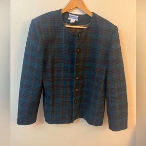 Pendleton Vintage Women’s Virgin Wool Greenish Blue Plaid Blazer Jacket Sz 14